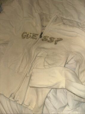 Guess Cream Zip-Up Sweater with Gold Rhinestone Logo large kids 12/14